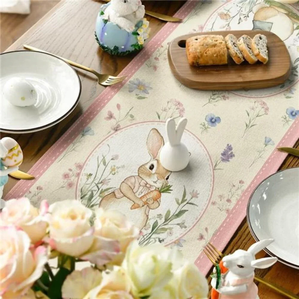 Bunny Rabbit Kettle Floral Flower Easter Table Runner,Seasonal